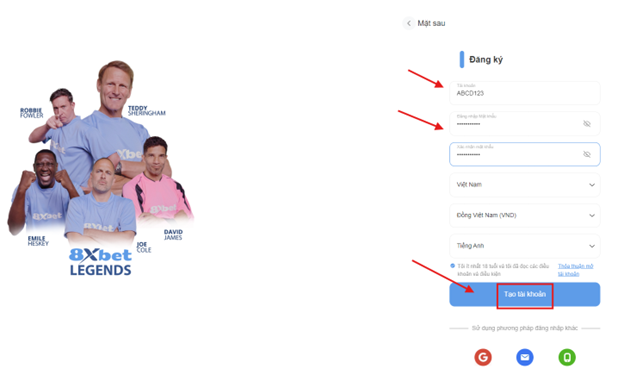 Người chơi điền thông tin vào mẫu đăng ký trên trang web 8xbet để tạo tài khoản
